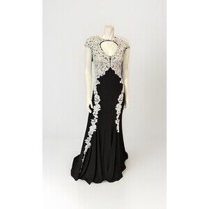 Betsy & Adam Black Jersey White Lace Gown Size 8